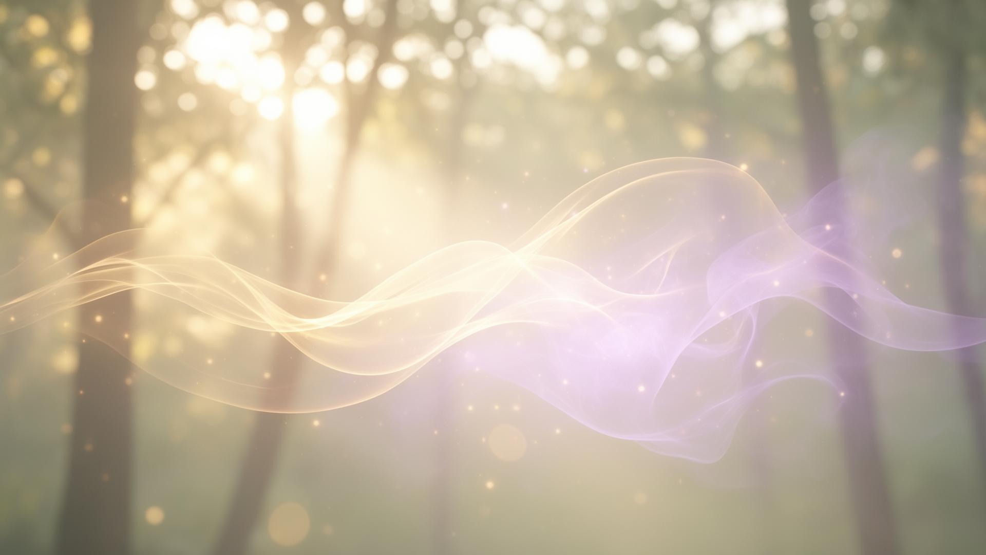 Soft golden and lavender energy flowing through a sunlit forest